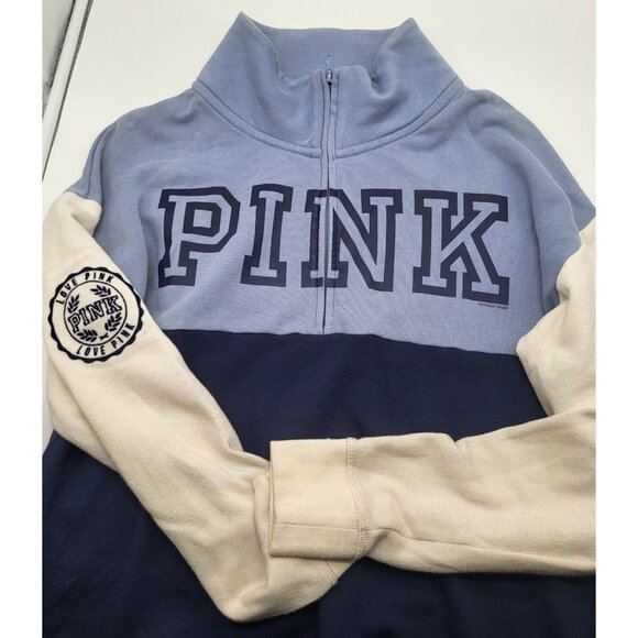Victoria's Secret PINK High-Low Half-Zip Pullover Bluebell Cream Navy SZ M Logo - Picture 1 of 12
